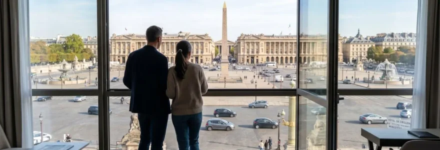 Un couple vu de dos regarde la Place de la Concorde depuis la fenêtre lumineuse d'une chambre d'hôtel parisienne, lumière matinale naturelle