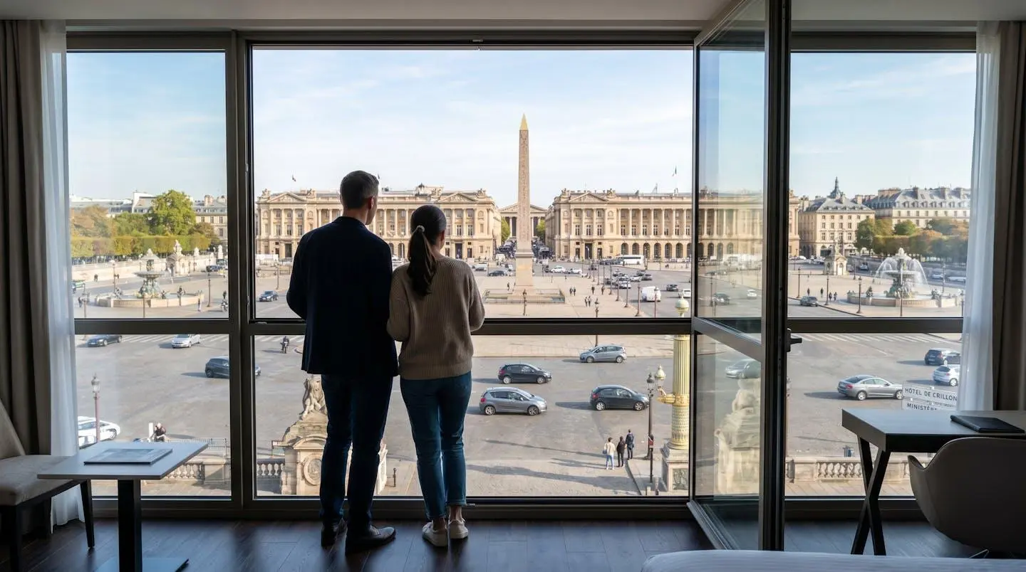 Un couple vu de dos regarde la Place de la Concorde depuis la fenêtre lumineuse d'une chambre d'hôtel parisienne, lumière matinale naturelle