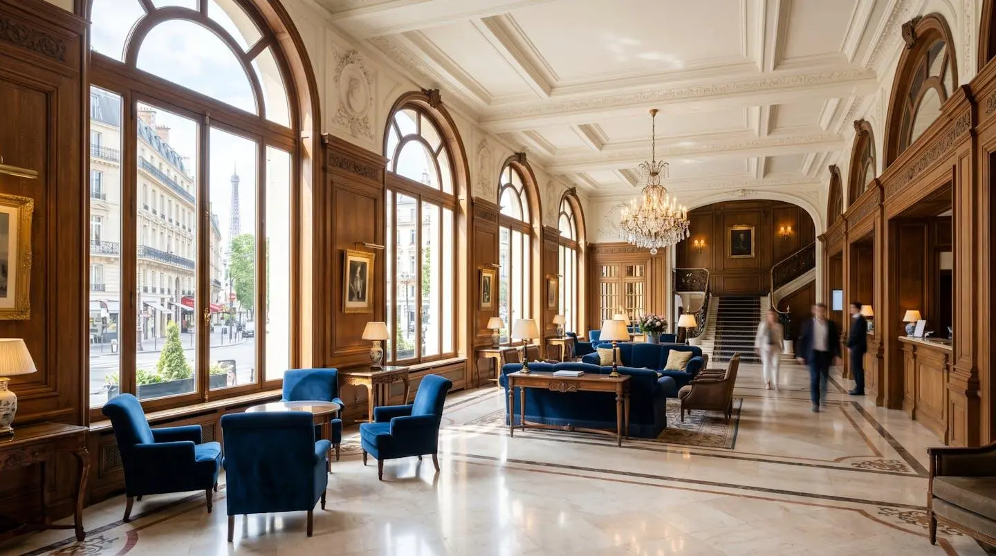 Hall d'entrée d'un hôtel parisien de style haussmannien avec boiseries d'époque, fauteuils en velours et luminaires classiques, lumière naturelle abondante